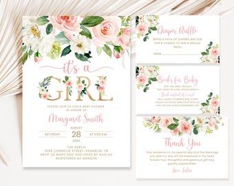 EDITABLE Invitation Blush Pink Floral Baby Shower Invitation It’s a girl Printable Baby Shower Invite Template, Sweet Girl Instant Download