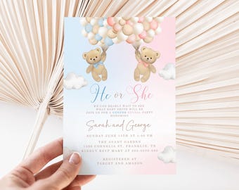 EDITABLE Teddy Bears Gender Reveal Invitation, Baby Boy Or Girl Party Invite Template, He Or She, Boho Watercolor Bear with Balloons