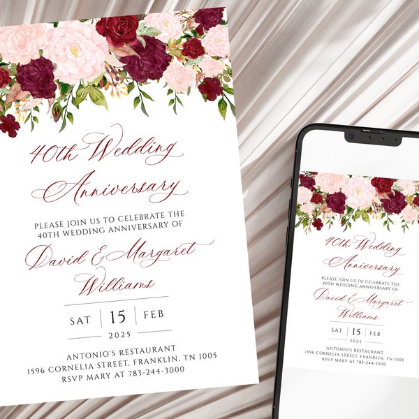 40th Ruby Wedding Anniversary Invitation, Burgundy Wedding Anniversary Invitation, Instant download