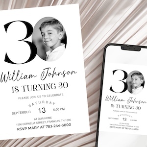 Male 30th Birthday Invitation Template, Look Who&#39;s 30, Photo 30th Birthday Invite, Editable Template, Black and White 30th Birthday