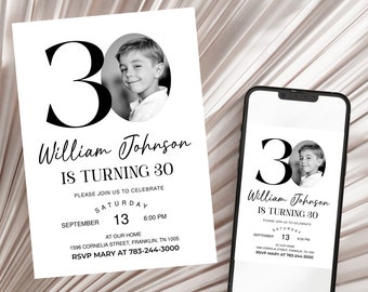 Male 30th Birthday Invitation Template, Look Who's 30, Photo 30th Birthday Invite, Editable Template, Black and White 30th Birthday