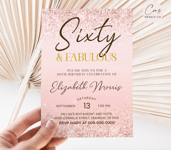 60th Birthday Invitation Printable Rose Gold Sixty and Fabulous