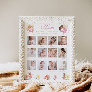 May include: A white textured frame containing a personalized baby milestone board titled Rosie My Fairy First Year. The board features twelve individual photographs of an infant, labeled one through twelve, decorated with fairy and mushroom illustrations.