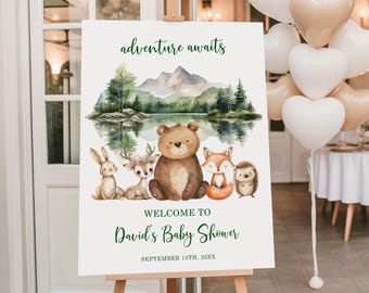 Forest Baby Shower Willkommensschild, Adventure Awaits Woodland Babyparty Willkommen, Babyartikel Babyparty Willkommensschild, Forest Garden Wald