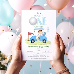 Editable Hole in One Birthday Invitation Golf First Birthday Par-tee Golf Invite Boy Golfing Download Printable Template Digital Corjl