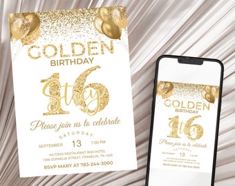 Golden Birthday invitation Gold glitter birthday invitation Golden birthday invite for girl 16th birthday invitation Any age