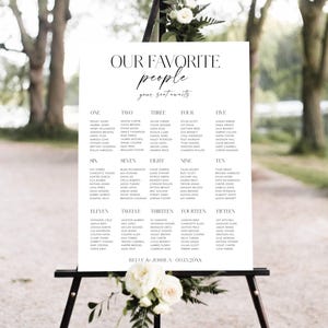 Könnte beinhalten: Ein Hochzeits-Sitzplan auf einer Staffelei, der die Namen der Gäste nach Tischnummer auflistet. Das Schild lautet "Our Favorite People, your seat awaits." Weiße Blumen schmücken die Basis.