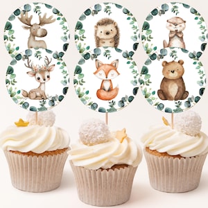 Woodland Cupcake Toppers Greenery Woodland Baby Shower Decor Woodland Birthday Decorations Forest Animals Printable