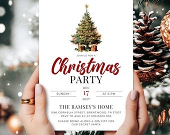 May include: A white rectangular Christmas party invitation card featuring a decorated Christmas tree with a gold star topper and gifts. The text reads: JOIN US FOR A Christmas PARTY, DEC 17 2027, THE RAMSEY'S HOME, 1596 CORNELIA STREET, BRENTWOOD, TN 37027.