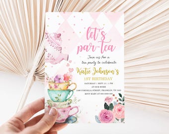 Editable Tea Party Birthday Invitation Pink & Gold Floral Par-Tea Birthday Invite Pink Gold Floral Whimsical Tea Party Instant Download