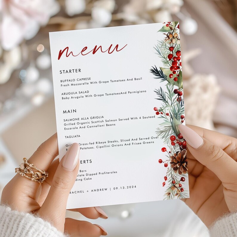 May include: A white rectangular menu card featuring the word menu in red script at the top. The right side is decorated with a watercolor illustration of pine branches, red berries, and a pinecone. The text lists starter, main, and dessert courses.