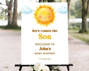 Here Comes the Son Welcome Sign Template, Sun Baby Shower Welcome Sign, Editable Template, Sunshine baby shower welcome sign, Sun welcome
