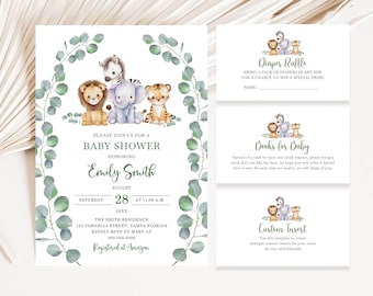 Conjunto de invitaciones para baby shower de jungla, editables, de género neutro, con temática de safari, paquete de baby shower de animales de la selva para niño, safari.
