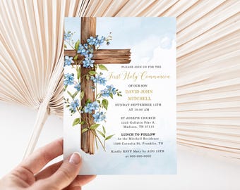 Blue Holy Communion Invitation Template, First Holy Communion invite, Boy Communion Invite, Cross Watercolor First Holy Communion Invitation