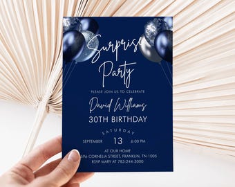 Editable Navy Blue Balloons Birthday Invitation, Surprise Party, Printable Birthday Party Invite, Editable Template, Instant Download