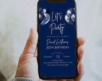 Editable Navy Blue Balloons Birthday Invitation, Printable Birthday Party Invite, Let's Party, Editable Template, Instant Download