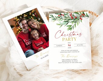 Christmas Party Invitation, Holiday Party Invitation Template, Christmas Holly, Editable Christmas Invitation, Christmas Party Invite