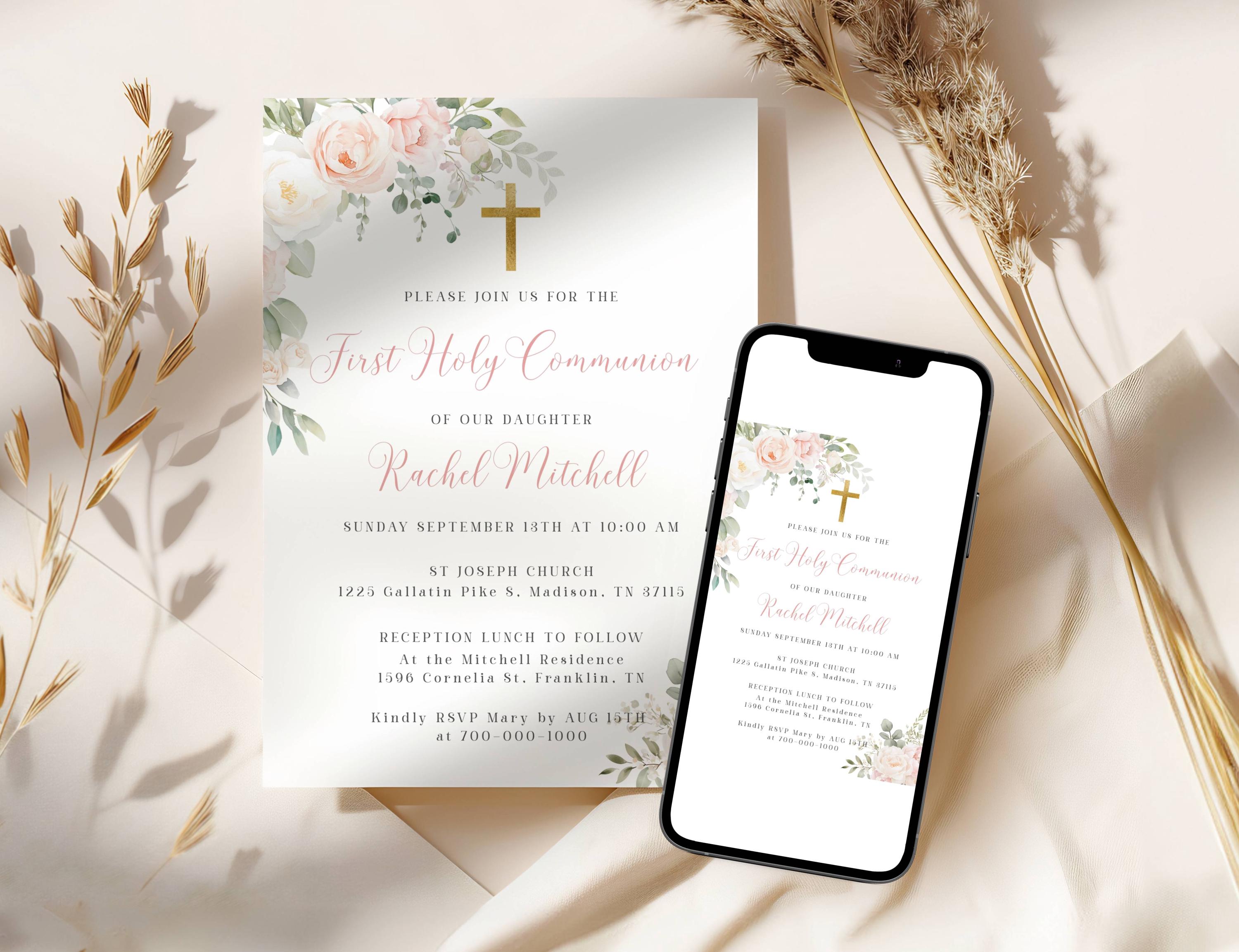 Blush Pink First Holy Communion Invitation Template Pink Floral ...