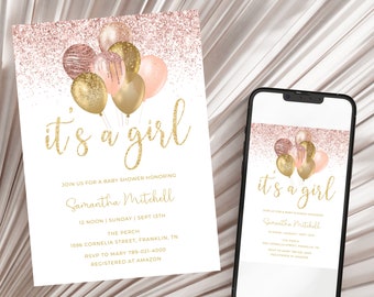 Blush Pink Baby Shower Invitation Editable Balloons It's a Girl Party Invite Template Pastel Pinks and Gold Printable, Instant download