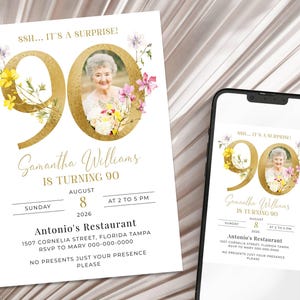 Gold Floral Number 90th Birthday Invitation Template, 90th Wildflower Birthday Invitation with Photo, Elegant 90th Birthday Invitation