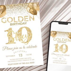 Invitation d'anniversaire d'or Invitation d'anniversaire de paillettes d'or Invitation d'anniversaire d'or pour l'invitation d'anniversaire de fille 10e