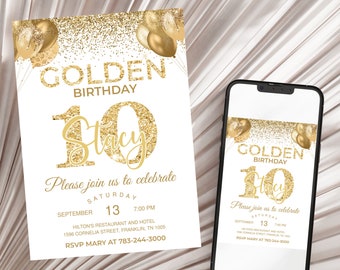 Golden Birthday invitation Gold glitter birthday invitation Golden birthday invite for girl 10th birthday invitation