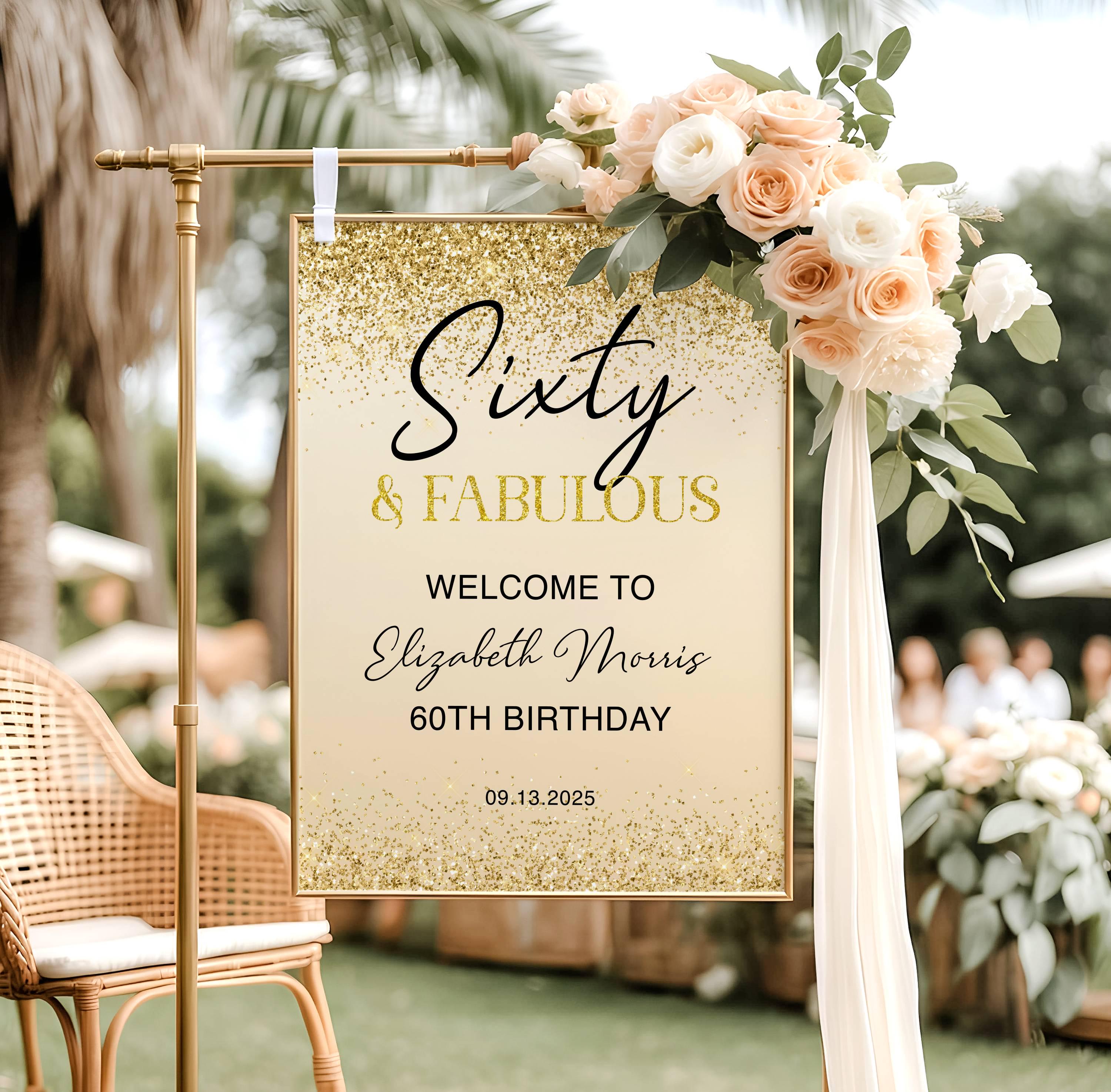 60th Birthday Welcome Sign Printable Gold Sixty and Fabulous Dinner ...