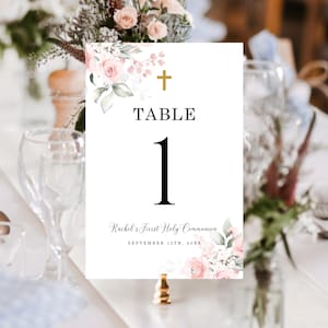 Números de mesa editables en rosa para Primera Comunión, plantilla de número de mesa, Primera Comunión, número de mesa para bautizo, letrero para mesa de bautismo