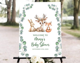 Woodland Baby Shower Welcome Sign, Welcome sign, baby shower sign, Woodland Animals Baby Shower, Greenery baby shower, Printable sign