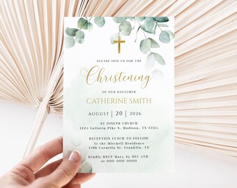 Christening Invitation Template, Botanical Christening Invite, Eucalyptus Greenery Christening Invitation, Editable Template