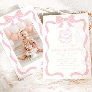 Coquette Bow 1st Birthday Invitation Girl First Birthday Template Printable, Blush Pink Bow Invitation 1st Birthday Girl Girly Birthday