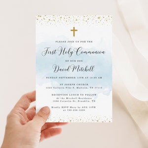 Blue First Holy Communion Invitation INSTANT DOWNLOAD Editable, Printable, Baptism, Christening, Dedication image 2
