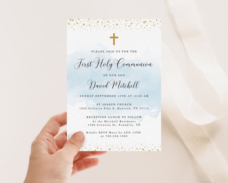 Blue First Holy Communion Invitation INSTANT DOWNLOAD Editable, Printable, Baptism, Christening, Dedication image 2