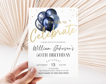 Men's 50th Birthday Invitation Balloons Printable Let's Celebrate Party Invite Editable Template Blue Silver Gold