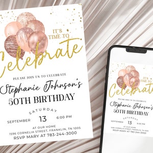 Women Birthday Invitation Balloons Printable Let's Celebrate Party Invite Editable Template Rose Gold Download, 30th 40th