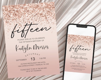 Rose Gold Glitter 15th Birthday Invitation, Editable Birthday Invite