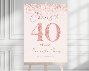 Rose Gold 40th Forty Birthday Party Welcome Sign, Editable Sign, Printable Rose Gold Birthday Welcome Sign Template, Hello Forty Cheers