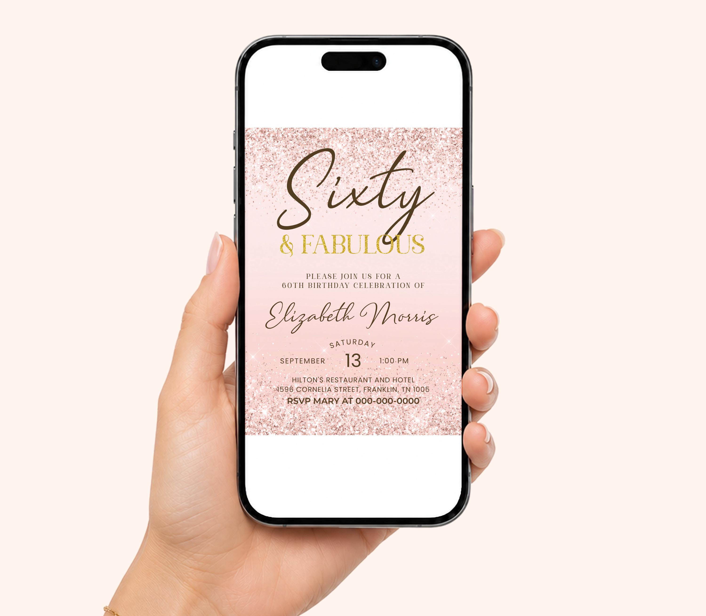 MORRIE 60th Birthday Celebration FLESH … 60th Birthday Invitation Printable Rose Gold Sixty and Fabulous