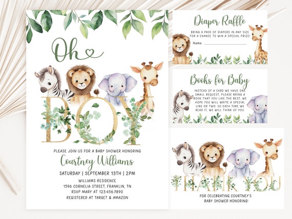 Editable Oh Boy Safari Baby Shower Invitation Set, Jungle Baby Shower Invite Bundle, Greenery Jungle Safari Animals Invitation Template
