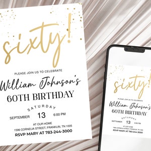 60th Birthday Invitation All White Gold Party Invite for Men or Ladies Printable Editable Instant Download Template