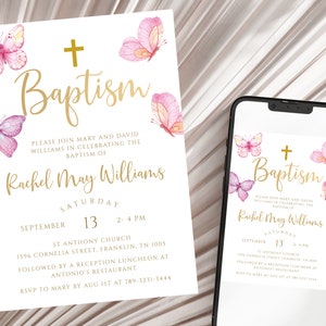 Baby meisje doopsel uitnodigen, bewerkbare vlinders doopsel uitnodiging voor feest afdrukbare Blush roze Lila paars goud