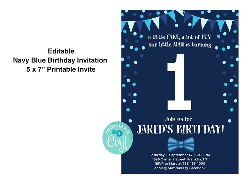 Editable First Birthday Invitation Boy One Navy Blue Confetti Boy 1st