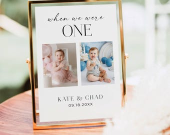 Plantilla de número de mesa con foto de "Cuando éramos mayores", decoración minimalista imprimible para mesa de boda, letrero con foto de la infancia editable, descarga instantánea