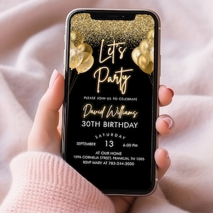 Digitale zwarte goud verjaardagsuitnodiging voor feest, gouden ballonnen, gouden glitter, bewerkbare sjabloon, direct downloaden