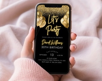 Digital Black Gold Birthday Party Invitation, Gold Balloons, Gold Glitter, Editable Template, Instant Download