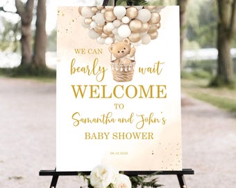 Editable Teddy Bear Theme Baby Welcome Sign, Brown We Can Bearly Wait Sign, Baby Shower Welcome Sign Bear Hot Air Balloons, Instant