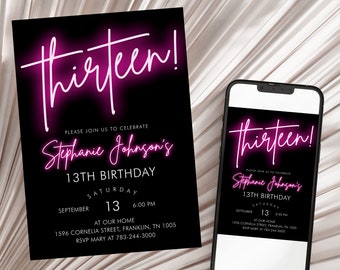 Pink Neon Birthday Invitation Template, 13th Birthday Invitation, Hot Pink Glow, Teen Party, Girl Party, Thirteen Birthday Neon