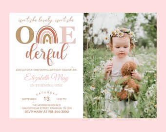 BOHO RAINBOW 1st Birthday Invitation Photo Editable Isnt she Onederful Invitation Digital Modern Rainbow First Birthday