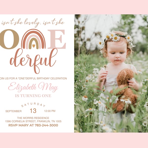 BOHO RAINBOW 1st Birthday Invitation Photo Editable Isnt she lovely Isnt she Onederful Invitation Digital Modern Rainbow First Birthday