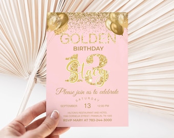 Golden Birthday invitation Pink Gold glitter birthday invitation Golden birthday invite for girl 13th birthday invitation